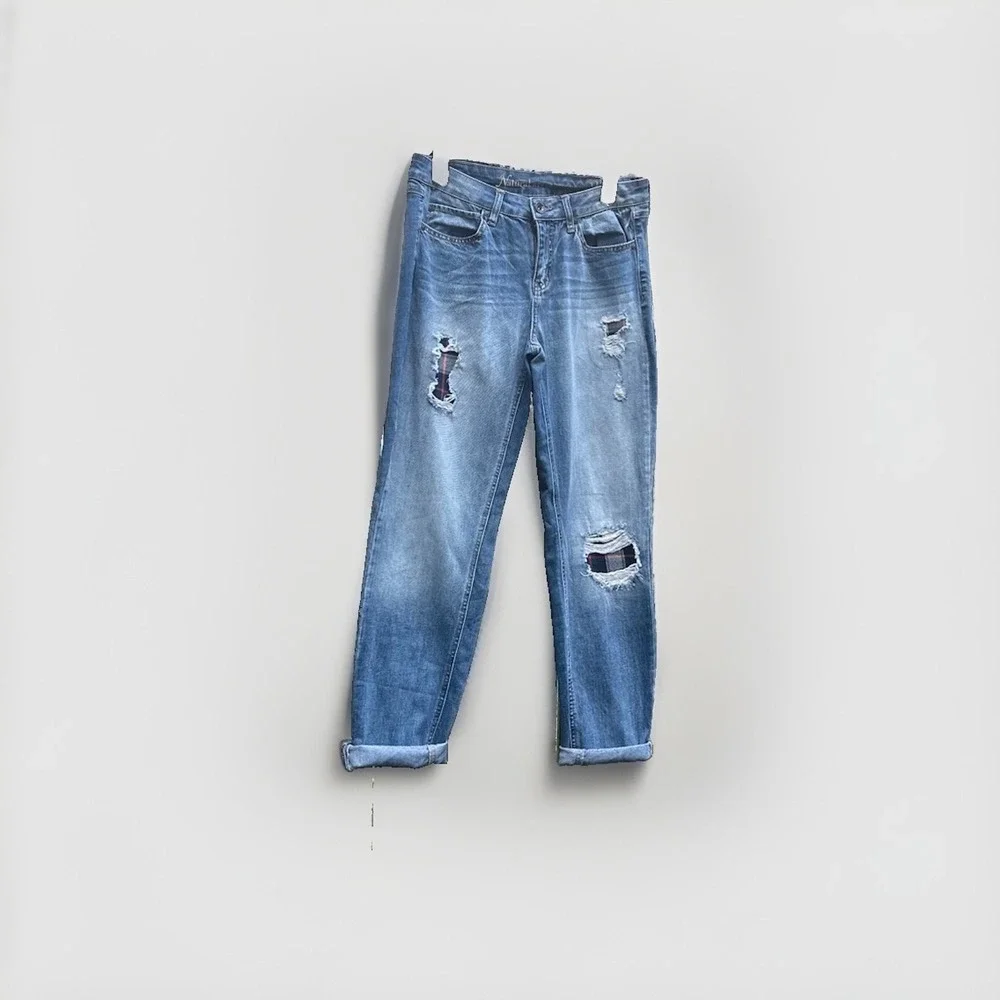 Natural Reflections Distressed Plaid Patch Boyfriend Jeans Blue Medium Wash 8